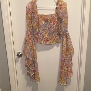 Live 4 Truth Pastel Floral Smocked Crop Top with Dramatic Ruffle Sleeves